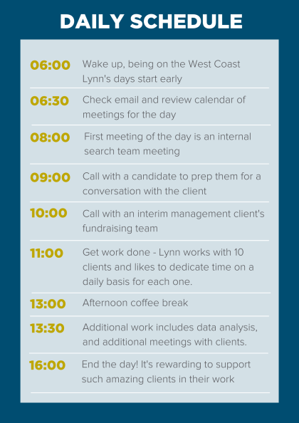 Lynn Shevory's daily schedule working remotely as a nonprofit consultant