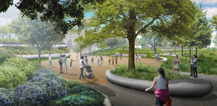 rendering of a park filled with families milling about