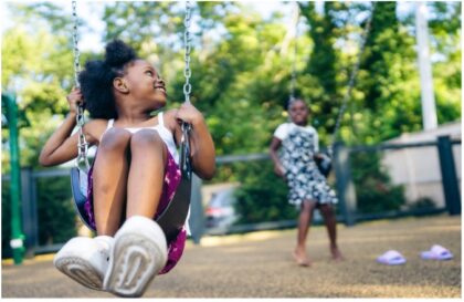 Little girls swinging on a swing set