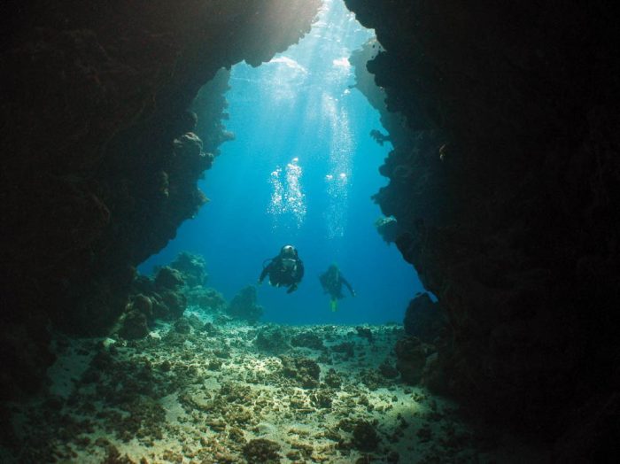 two divers swimming through an ocean cavern