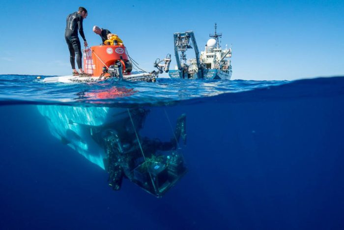 two researchers diving into deep blue ocean water