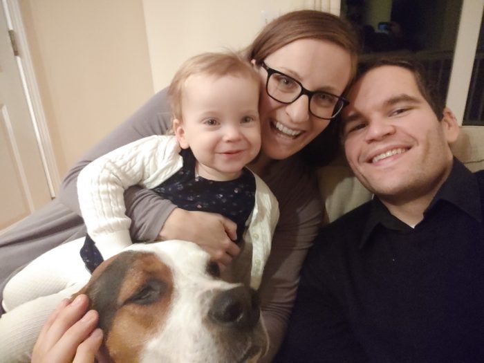 Meaghan with her husband, her dog, Leo, and her daughter, Alexandra.